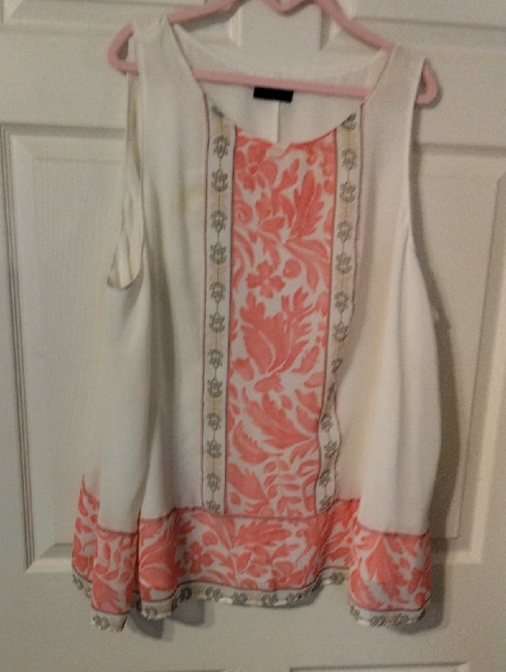Sleeveless Ivory Chiffon Top with Coral Print Panel - Lane Bryant
